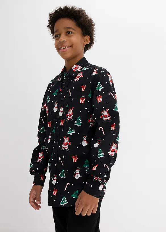 Langarmhemd mit Weihnachtsmotiv in schwarz von vorne (im Anschnitt) - bonprix