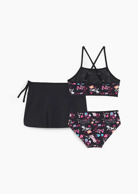 Mädchen Bikini mit Rock (3-tlg.Set) in schwarz von hinten - bonprix