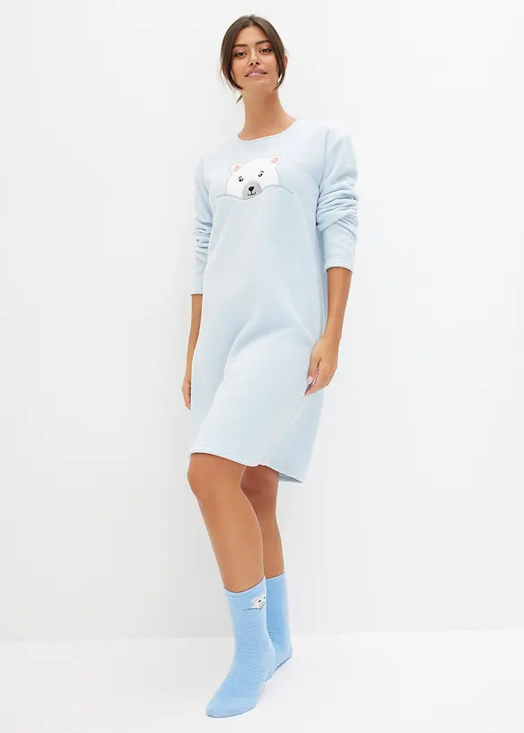 Loungewear Fleece Nachthemd mit Applikation in blau von vorne (Totalaufnahme) - bonprix