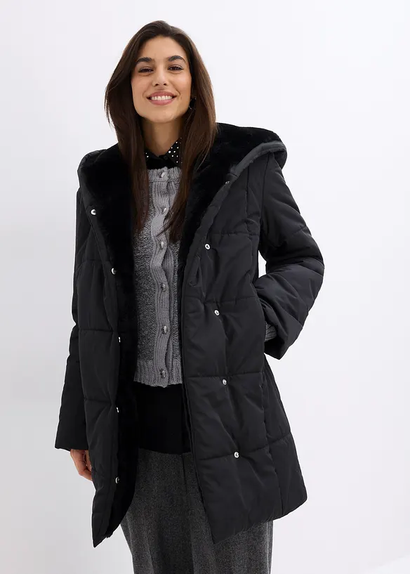 Steppjacke mit Fellimitat in schwarz von vorne (im Anschnitt) - bonprix