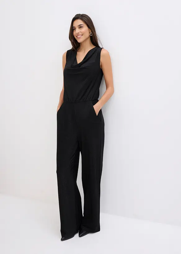 Jersey-Jumpsuit mit Glitzerelementen in schwarz von vorne (Totalaufnahme) - bonprix