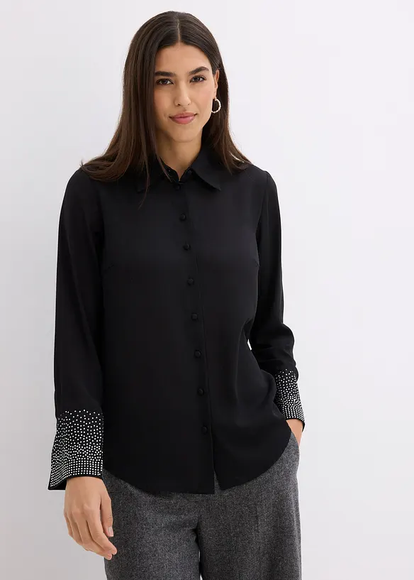 Hemdbluse mit Glitzersteinchen in schwarz von vorne (im Anschnitt) - bonprix Hemdbluse mit Glitzersteinchen in schwarz von vorne (im Anschnitt) - bonprix