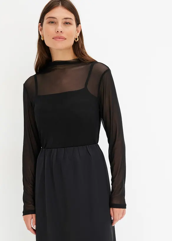 Langarmshirt aus transparentem Mesh in schwarz von vorne (im Anschnitt) - bonprix