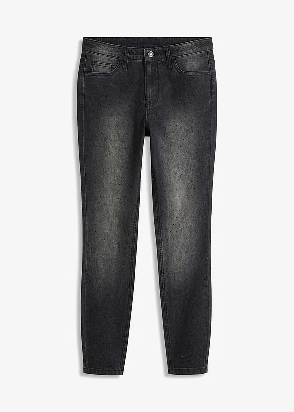 Skinny-Jeans mit Strass-Applikation in schwarz von vorne - bonprix