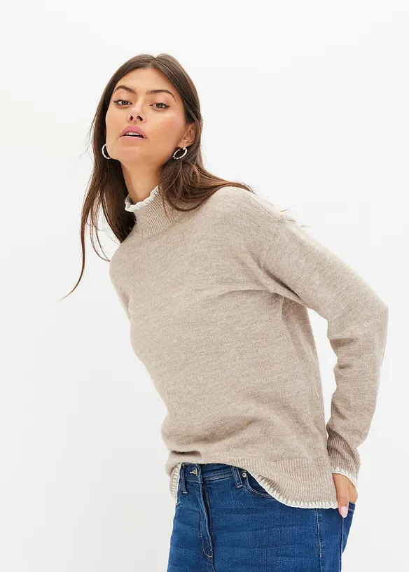Pullover mit Stehkragen in beige von vorne (im Anschnitt) - bonprix Pullover mit Stehkragen in beige von vorne (im Anschnitt) - bonprix