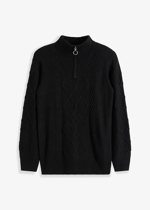 Troyer Pullover mit Zopfmuster in schwarz von vorne - bonprix