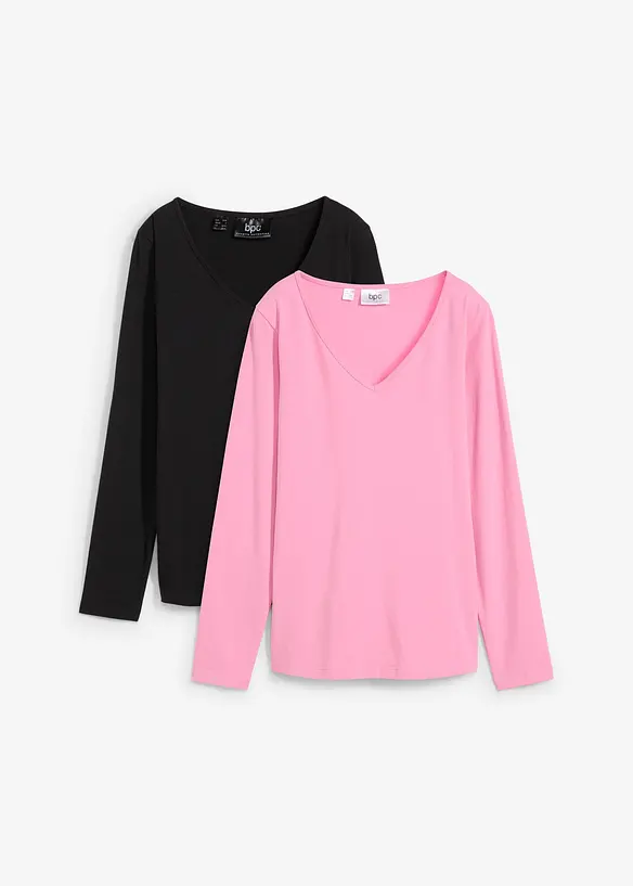 Langarmshirt mit V-Ausschnitt (2er Pack) in rosa von vorne - bonprix