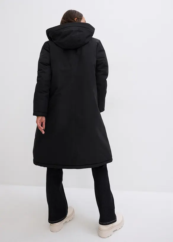 Wintermantel mit Teddyfell in der Kapuze in schwarz von hinten (Totalaufnahme) - bonprix