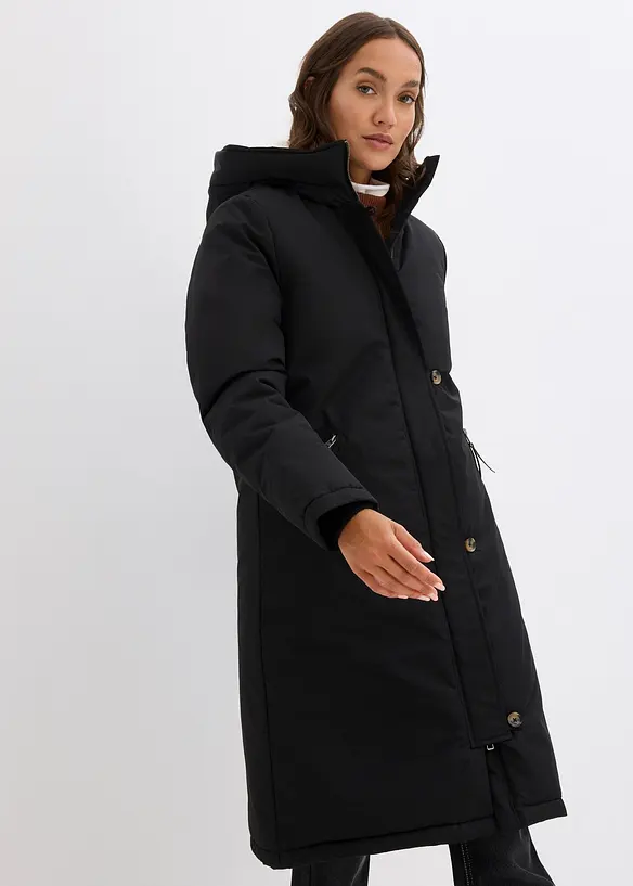 Wintermantel mit Teddyfell in der Kapuze in schwarz von vorne (Totalaufnahme) - bonprix