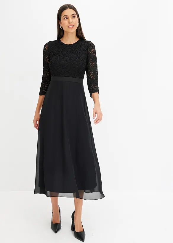 Midikleid aus leichtem Chiffon mit Spitzen-Oberteil in schwarz von vorne (Totalaufnahme) - bonprix