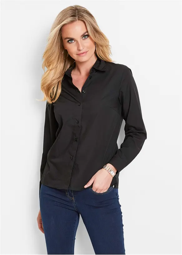 Popeline-Hemdbluse aus Baumwoll-Mix in schwarz von vorne (im Anschnitt) - bonprix
