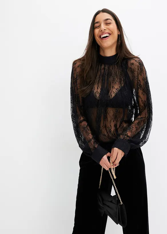 Spitzenbluse mit leichter Transparenz in schwarz von vorne (im Anschnitt) - bonprix