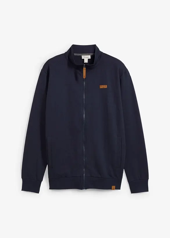 Stehkragen-Sweatjacke mit Lederimitat-Details in blau von vorne - bonprix