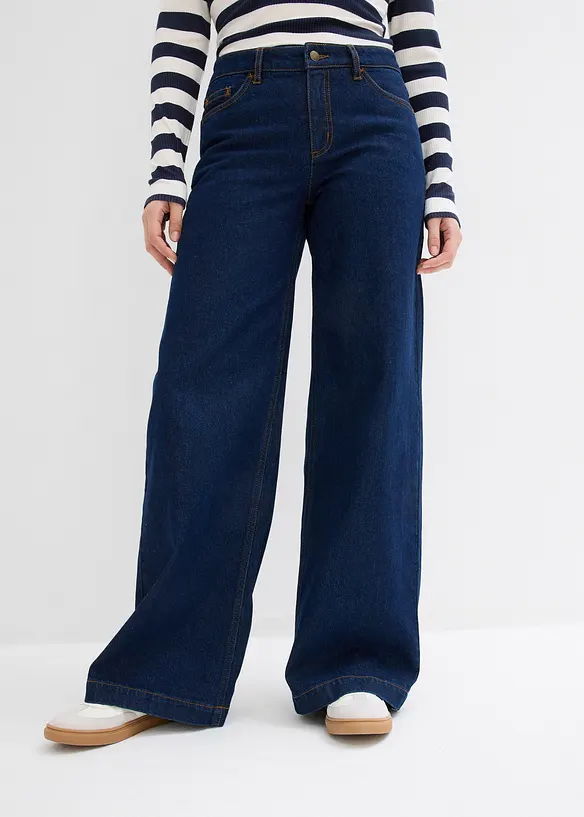 Wide-Leg-Jeans, Mid Waist, Full Length in blau von vorne - bonprix
