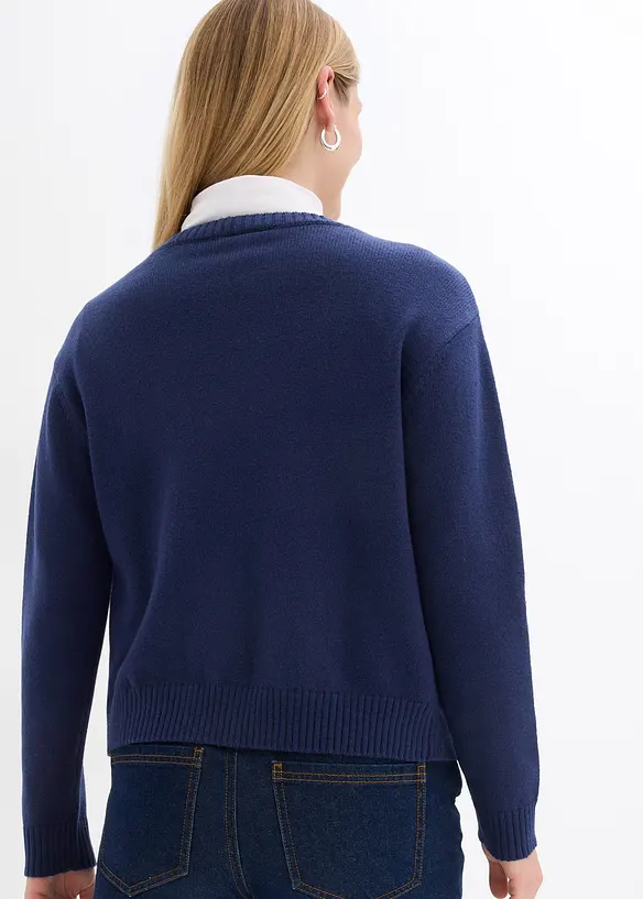 Feinstrickjacke aus Baumwoll-Mix in blau von hinten (im Anschnitt) - bonprix