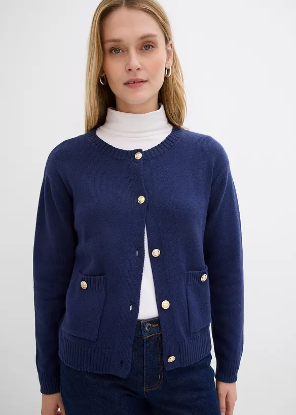 Feinstrickjacke aus Baumwoll-Mix in blau von vorne (im Anschnitt) - bonprix