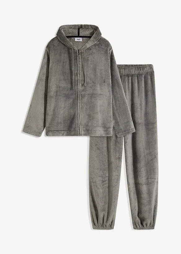 Weit geschnittener Loungewear Hausanzug aus Kuschelfleece in grau von vorne - bonprix