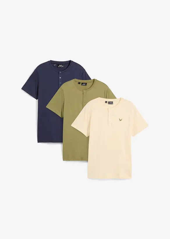 Henleyshirt aus reiner Bio-Baumwolle (3er Pack) in grün von vorne - bonprix
