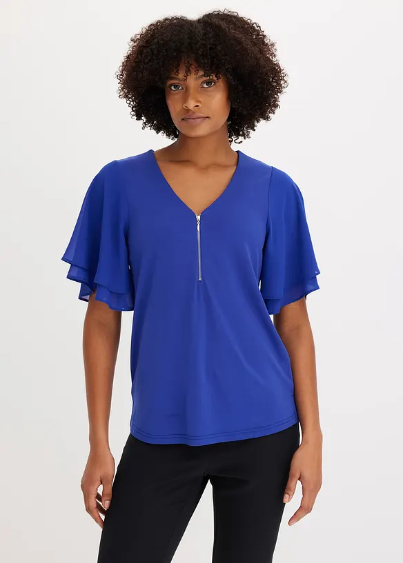 Shirt mit Chiffonärmeln in blau von vorne (im Anschnitt) - bonprix