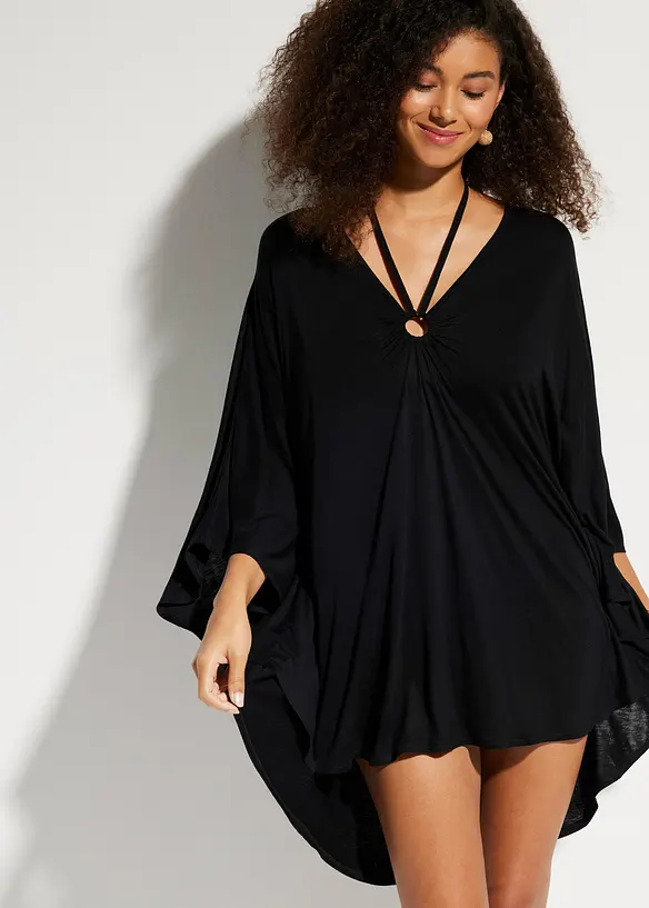 Transparente Strandtunika aus Viskose in schwarz von vorne (Totalaufnahme) - bonprix