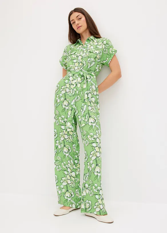 Jumpsuit aus fließendem Viskose-Mix in grün von vorne (Totalaufnahme) - bonprix Jumpsuit aus fließendem Viskose-Mix in grün von vorne (Totalaufnahme) - bonprix