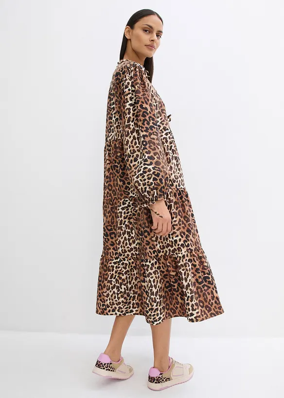 Weites Midikleid aus reiner Baumwolle in beige von hinten (Totalaufnahme) - bonprix
