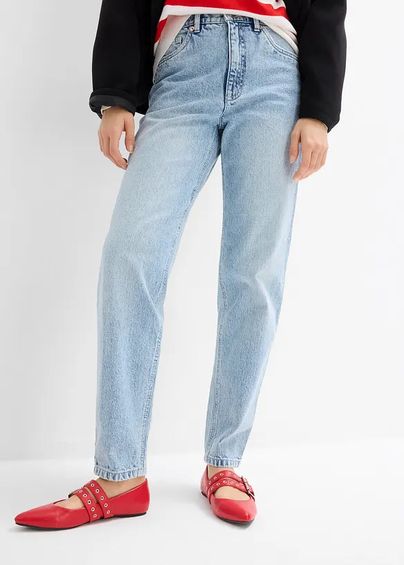 Mom Jeans High Waist, cropped in blau von vorne - bonprix Mom Jeans High Waist, cropped in blau von vorne - bonprix