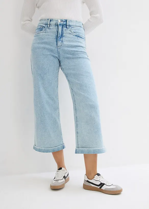Wide Leg Jeans High Waist, cropped in blau von vorne - bonprix