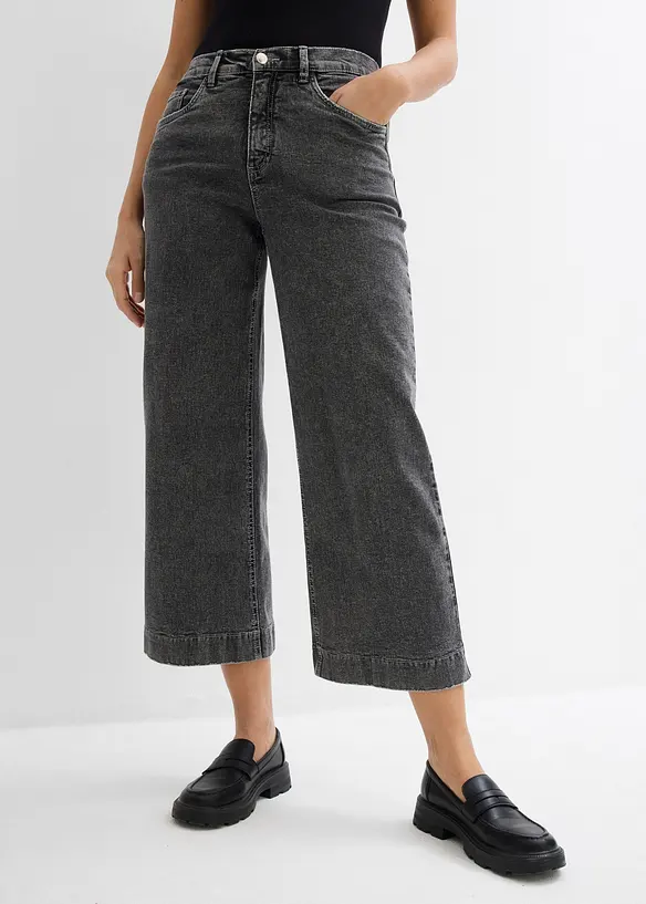 Wide Leg Jeans High Waist, cropped in grau von vorne - bonprix