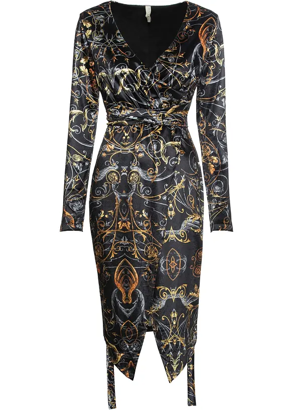 Samt Wickelkleid mit Muster in schwarz von vorne - bonprix
