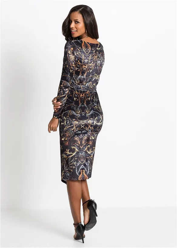 Samt Wickelkleid mit Muster in schwarz von hinten (Totalaufnahme) - bonprix