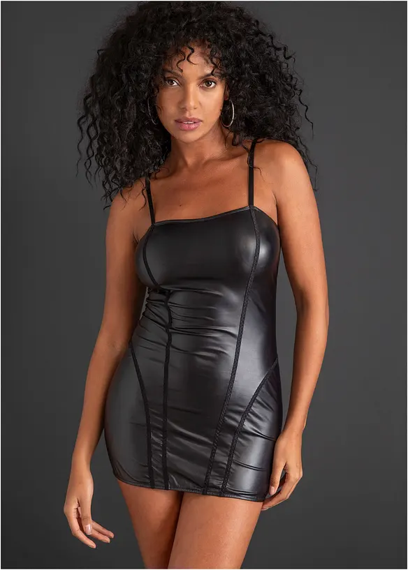 Kleid aus Wetlook in schwarz von vorne (Totalaufnahme) - bonprix