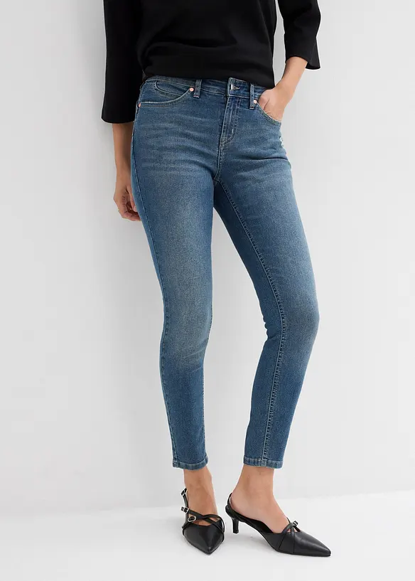 Skinny Jeans Mid Waist, Stretch in blau von vorne - bonprix Skinny Jeans Mid Waist, Stretch in blau von vorne - bonprix