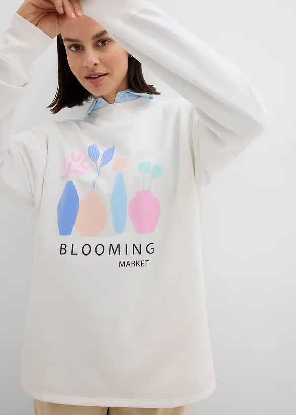Oversize-Sweatshirt aus Baumwoll-Mix in weiß von vorne (im Anschnitt) - bonprix