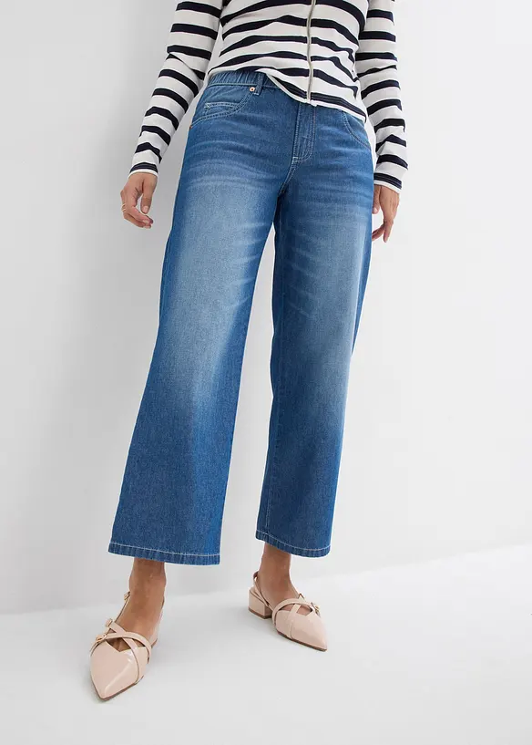 Straight-Jeans Mid Waist, Bequembund Low Stretch cropped in blau von vorne - bonprix Straight-Jeans Mid Waist, Bequembund Low Stretch cropped in blau von vorne - bonprix