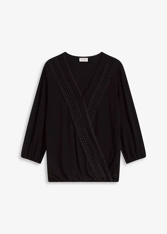 3/4-Arm Shirt mit Spitze in Wickeloptik in schwarz von vorne - bonprix 3/4-Arm Shirt mit Spitze in Wickeloptik in schwarz von vorne - bonprix