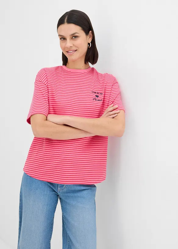 Gestreiftes T-Shirt mit Stickerei in pink von vorne (im Anschnitt) - bonprix