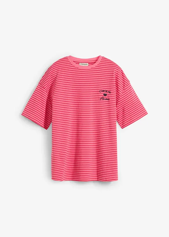 Gestreiftes T-Shirt mit Stickerei in pink von vorne - bonprix