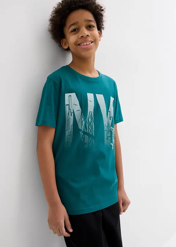 T-Shirt aus reiner Bio-Baumwolle in petrol von vorne (im Anschnitt) - bonprix