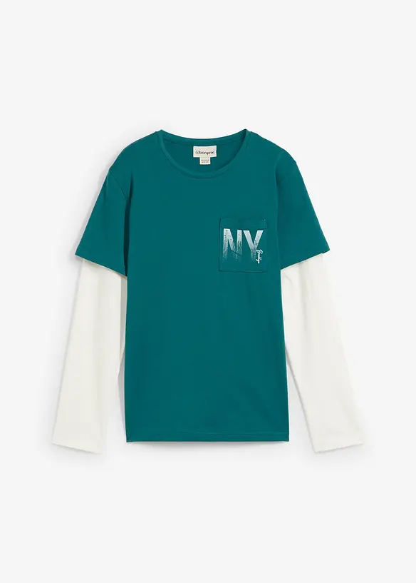 2-in-1 Langarmshirt aus reiner Bio Baumwolle in petrol von vorne - bonprix