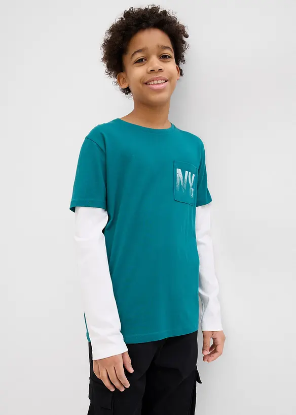 2-in-1 Langarmshirt aus reiner Bio Baumwolle in petrol von vorne (im Anschnitt) - bonprix