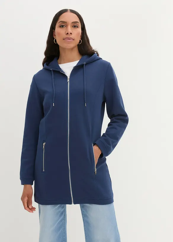 Long-Sweatjacke mit Reißverschlusstaschen in blau von vorne (im Anschnitt) - bonprix
