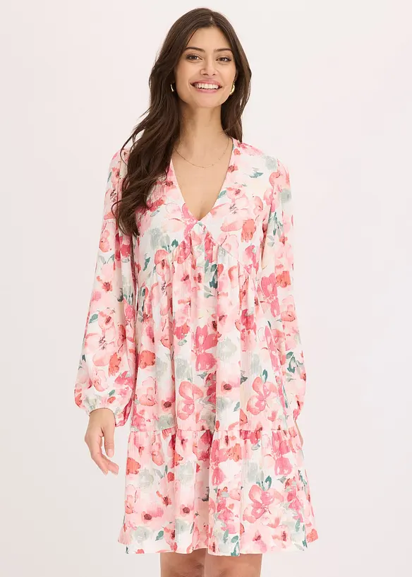 Tunika-Kleid aus leichtem Crêpe in beige von vorne (Totalaufnahme) - bonprix