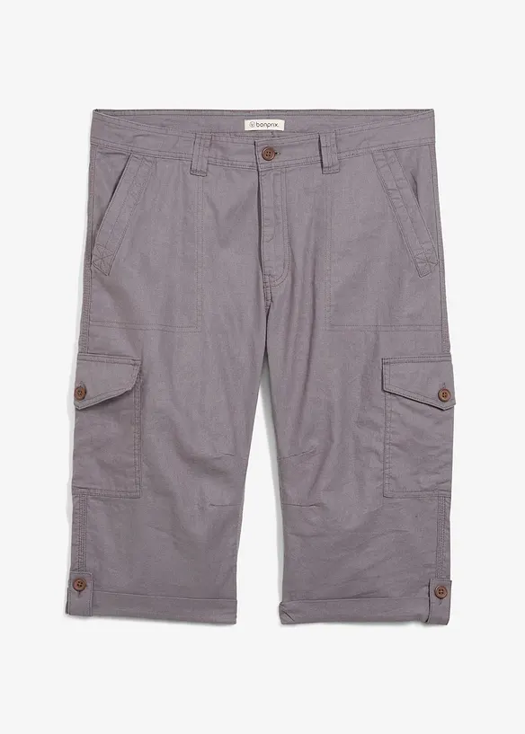 Regular Fit Cargo-Long-Bermuda aus luftigem Leinen-Mix in grau von vorne - bonprix