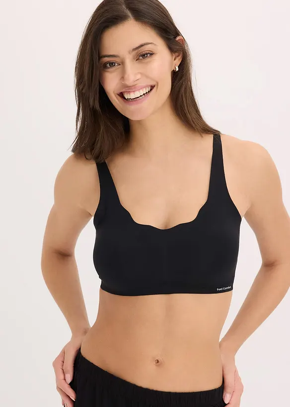 Wattierter Feel Comfort Lasercut T-Shirt-BH ohne Bügel in schwarz von vorne (im Anschnitt) - bonprix