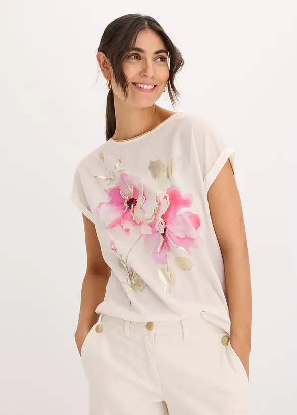Shirt mit Webeinsatz in weiß von vorne (im Anschnitt) - bonprix