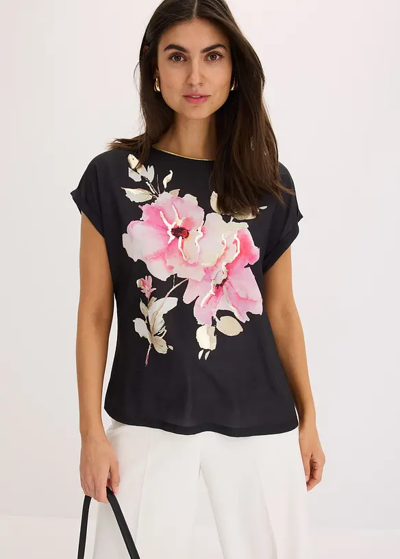 Shirt mit Webeinsatz in schwarz von vorne (im Anschnitt) - bonprix
