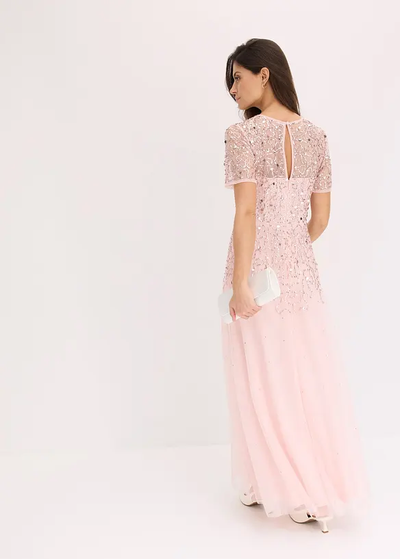 Maxikleid aus zartem Tüll mit Paillettenstickerei in rosa von hinten (Totalaufnahme) - bonprix