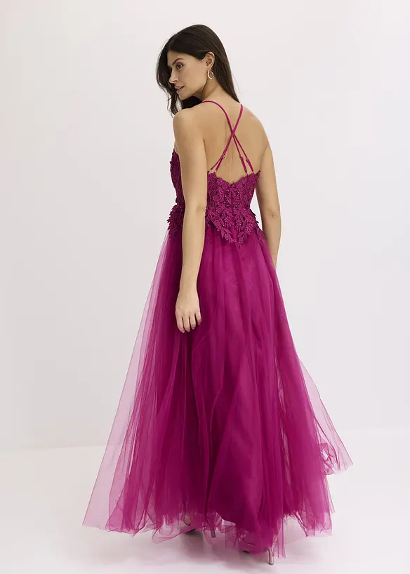 Abendkleid aus zartem Tüll mit Spitze in pink von hinten (Totalaufnahme) - bonprix