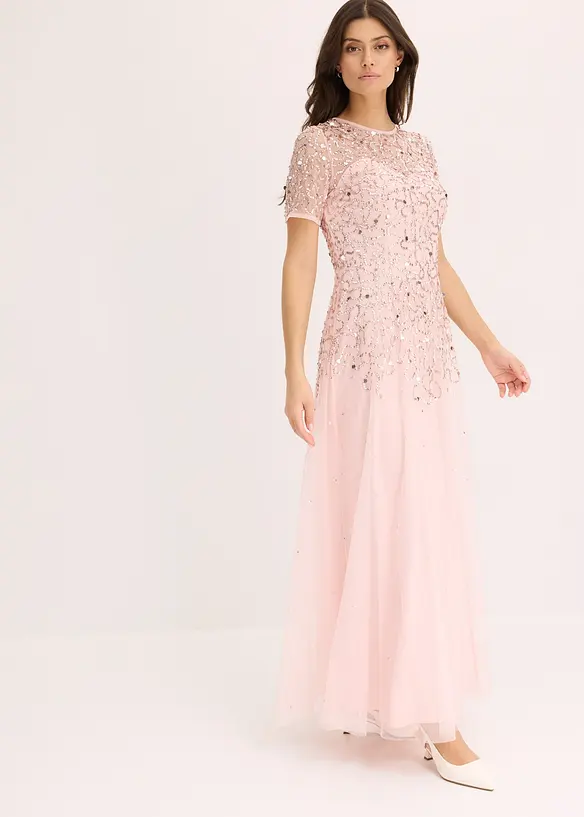 Maxikleid aus zartem Tüll mit Paillettenstickerei in rosa von vorne (Totalaufnahme) - bonprix